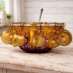 Vintage Indiana Glass Marigold Carnival Glass Punch Bowl Set 12 Cups Grape